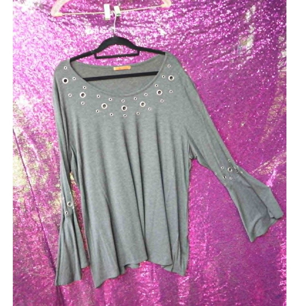 Gray Bell Sleeve Top XL Belldini Womens Grommet Neck Stretch Cotton Blend